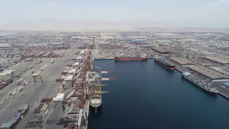 Aerial view of container yards and cargo terminals at Shahid Rajaee Port near Bandar Abbas